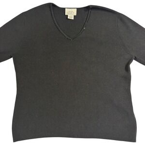 Ann Taylor LOFT V-Neck Sweater Beaded‎ Trim Knit Top Pullover Black Medium*